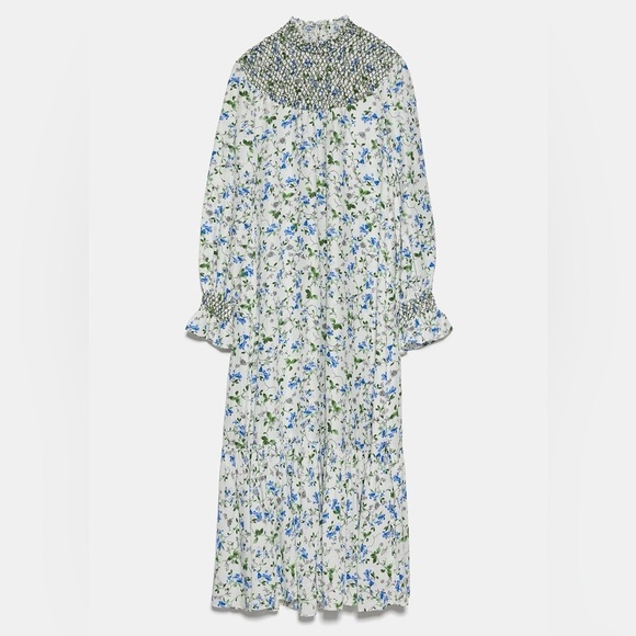 Zara smocked embroidered Floral Blue and White Maxi Dress - Picture 2 of 8